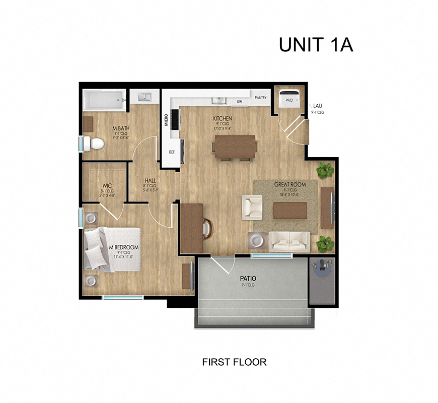 Floor plan for 1 bed, 1 bath, 708 sqft